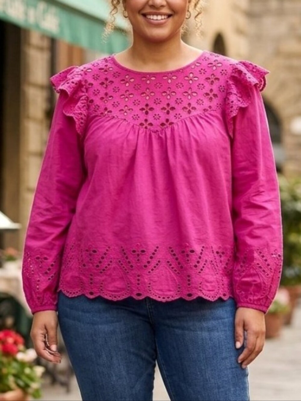 Jennifer & Grace Women's Eyelet Peasant Long Sleeves Blouse  Fuchsia Pink XL